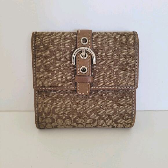 Coach Handbags - Coach Wallet Canvas Leather Signature Bifold 4x4 Small Brown Compact Logo Buckle